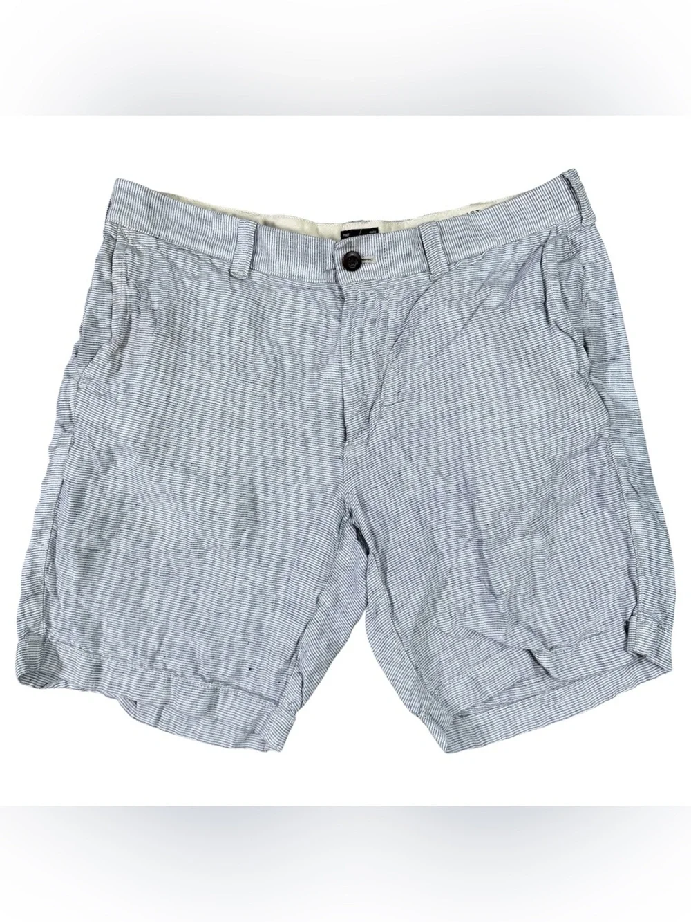 J.Crew Men’s 33 Shorts 9” Inseam 100% Linen Blue White Stripe Chino Casual Flat